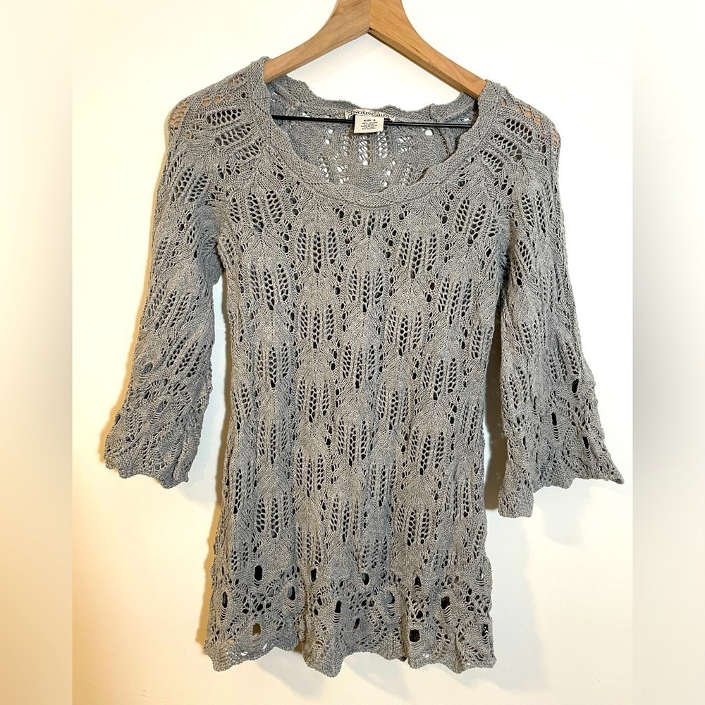 Nouveaux Gray Crochet Cotton Sweater With Bell 3/4 Sleeve Size Small Boho Hippie